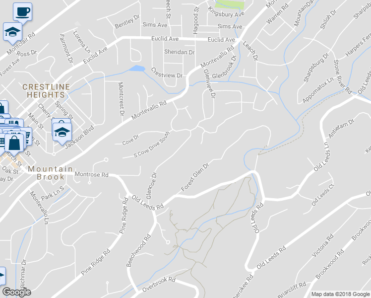 map of restaurants, bars, coffee shops, grocery stores, and more near 3851 Glencoe Drive in Birmingham