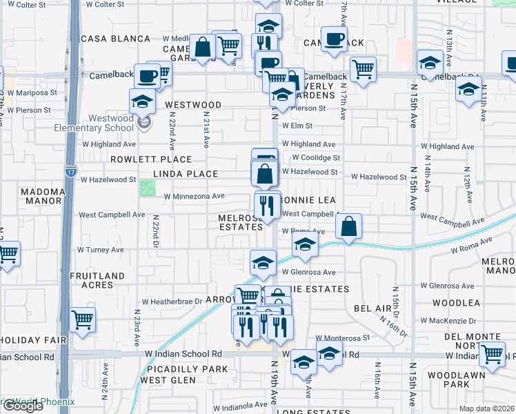 map of restaurants, bars, coffee shops, grocery stores, and more near 1916 West Campbell Avenue in Phoenix