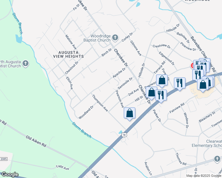 map of restaurants, bars, coffee shops, grocery stores, and more near 321 Seminole Drive in North Augusta
