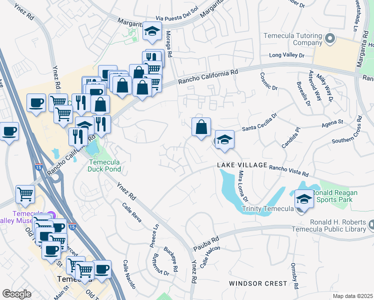 map of restaurants, bars, coffee shops, grocery stores, and more near 42603 Indigo Place in Temecula