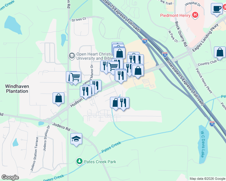map of restaurants, bars, coffee shops, grocery stores, and more near 151 Hudson Bridge Terrace in Stockbridge