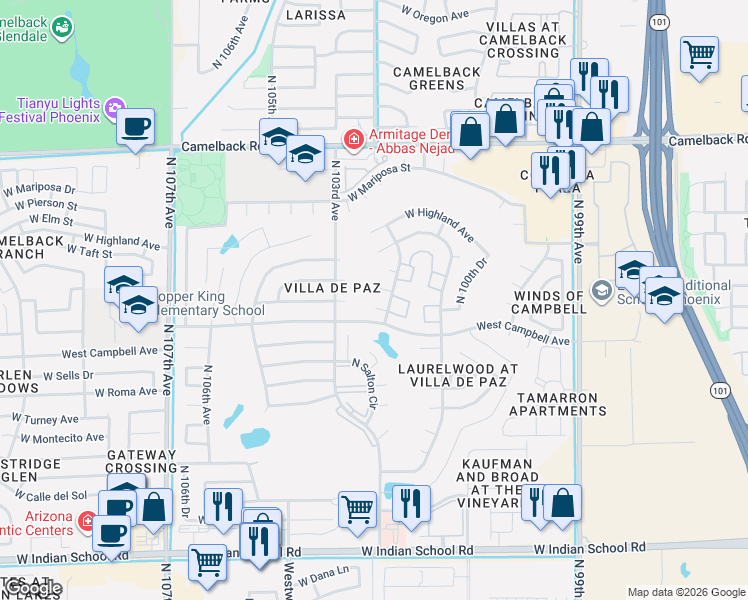 map of restaurants, bars, coffee shops, grocery stores, and more near 10208 West Minnezona Avenue in Phoenix