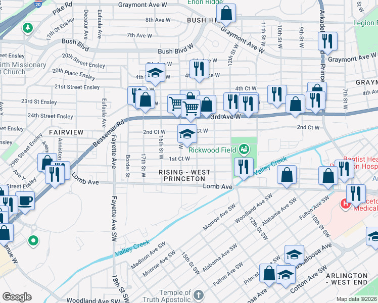 map of restaurants, bars, coffee shops, grocery stores, and more near 1425 2nd Avenue West in Birmingham