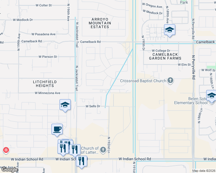 map of restaurants, bars, coffee shops, grocery stores, and more near 19255 West Hazelwood Street in Litchfield Park