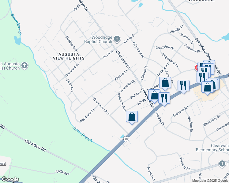 map of restaurants, bars, coffee shops, grocery stores, and more near 321 Seminole Drive in North Augusta