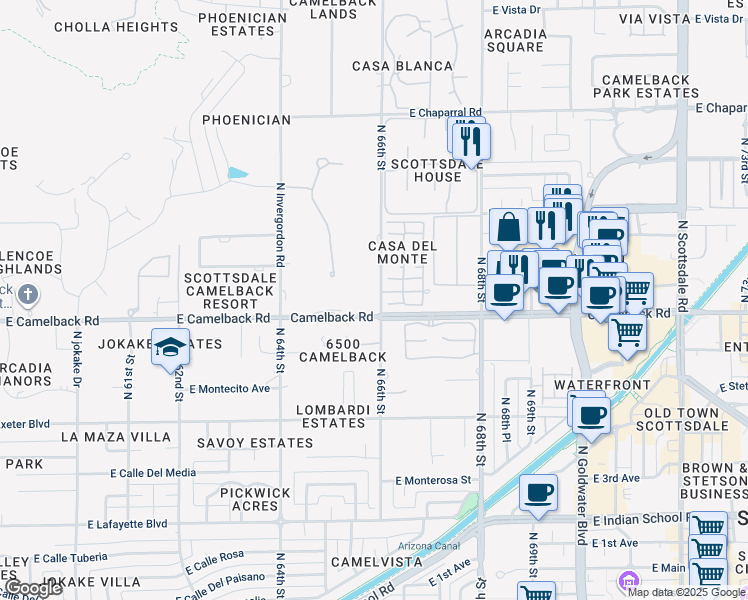 map of restaurants, bars, coffee shops, grocery stores, and more near 4508 North 66th Street in Scottsdale