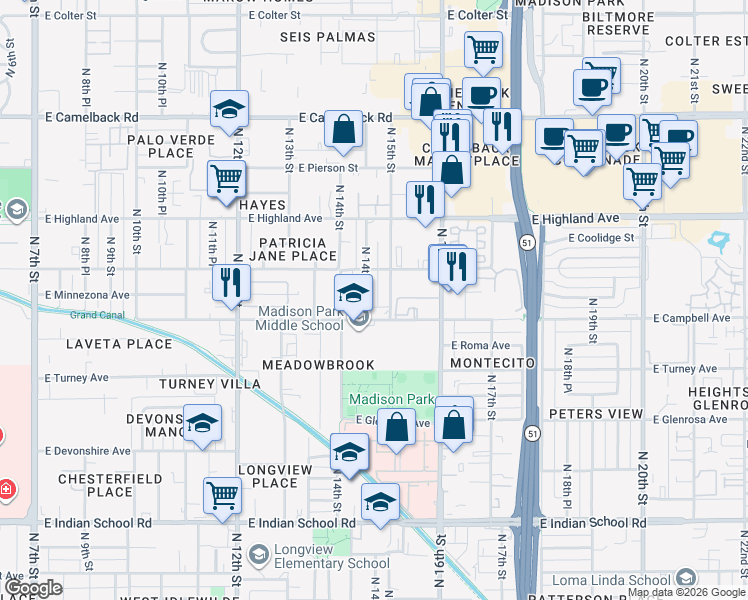 map of restaurants, bars, coffee shops, grocery stores, and more near 4514 North 15th Street in Phoenix