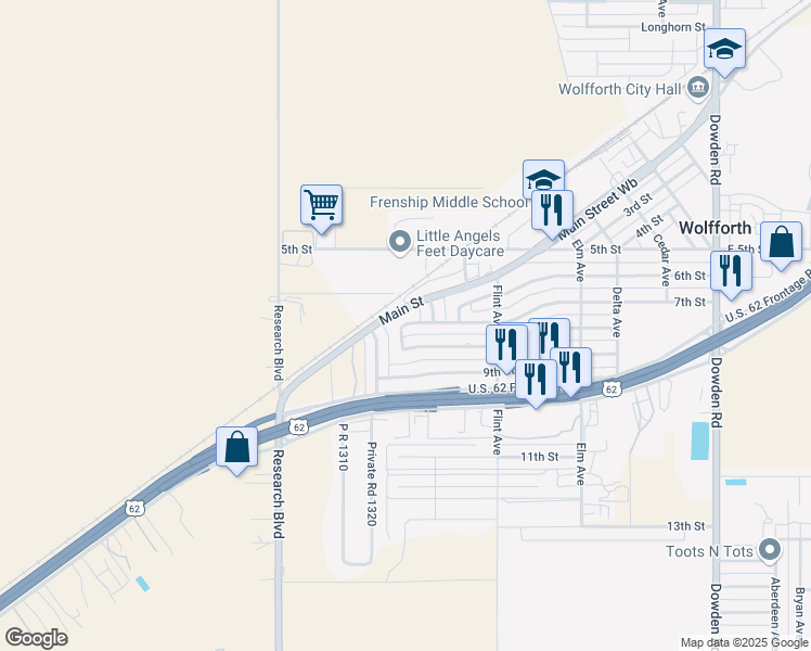 map of restaurants, bars, coffee shops, grocery stores, and more near 827 7th St in Wolfforth