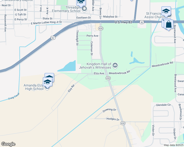 map of restaurants, bars, coffee shops, grocery stores, and more near 604 Elzy Avenue in Greenwood