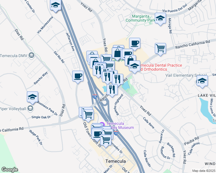 map of restaurants, bars, coffee shops, grocery stores, and more near 27645 Ynez Road in Temecula