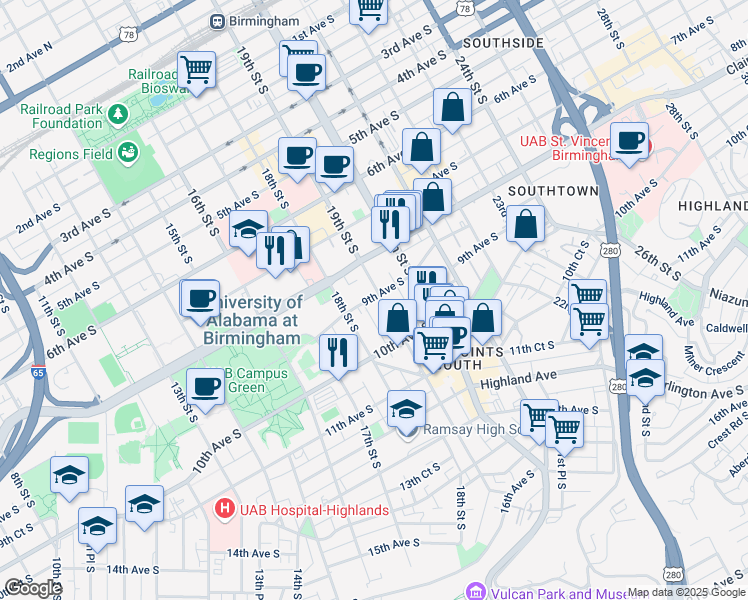 map of restaurants, bars, coffee shops, grocery stores, and more near 820 19th St S in Birmingham