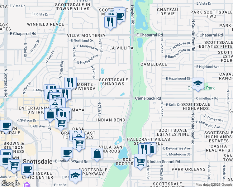 map of restaurants, bars, coffee shops, grocery stores, and more near 7910 East Camelback Road in Scottsdale