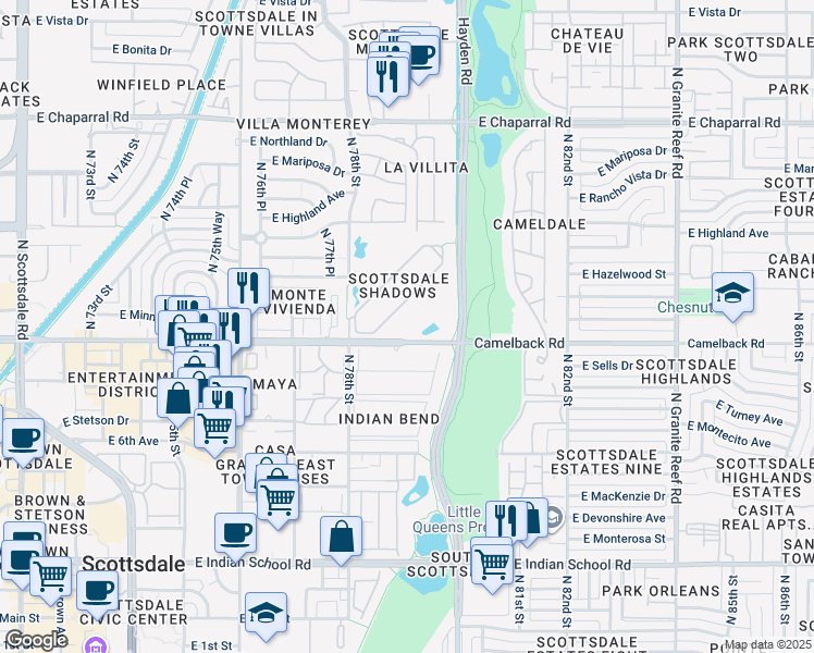 map of restaurants, bars, coffee shops, grocery stores, and more near 7910 East Camelback Road in Scottsdale