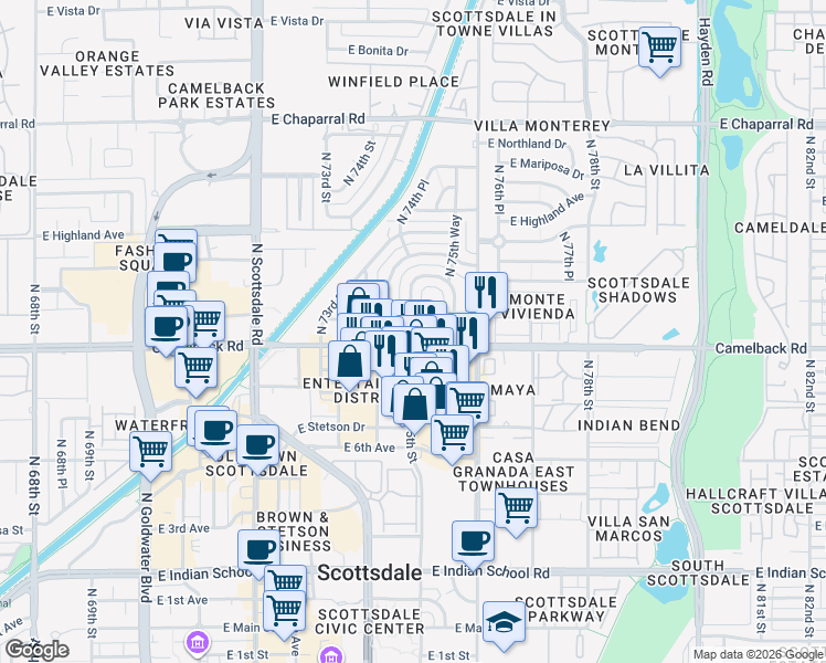map of restaurants, bars, coffee shops, grocery stores, and more near 7514 East Camelback Road in Scottsdale