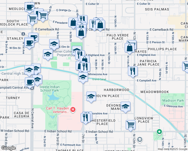 map of restaurants, bars, coffee shops, grocery stores, and more near 4511 North 8th Street in Phoenix