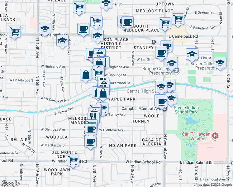 map of restaurants, bars, coffee shops, grocery stores, and more near 342 West Campbell Avenue in Phoenix