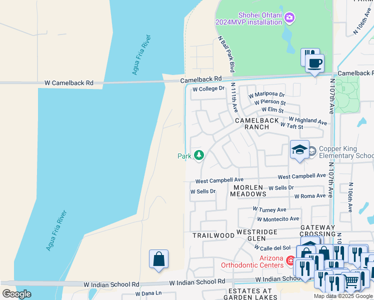 map of restaurants, bars, coffee shops, grocery stores, and more near 11337 West Hazelwood Street in Phoenix