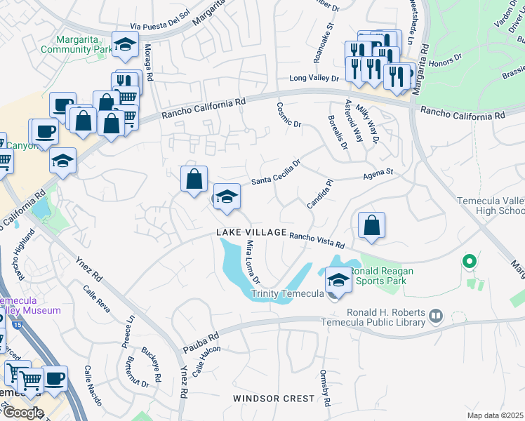 map of restaurants, bars, coffee shops, grocery stores, and more near 30201 Caprice Court in Temecula