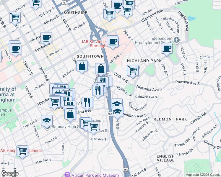map of restaurants, bars, coffee shops, grocery stores, and more near 2240 Highland Avenue in Birmingham