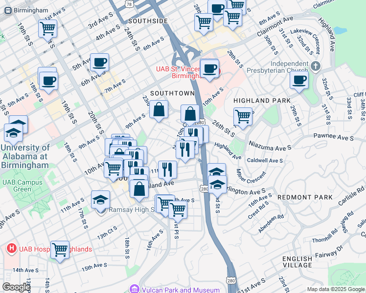 map of restaurants, bars, coffee shops, grocery stores, and more near 1109 22nd Street South in Birmingham