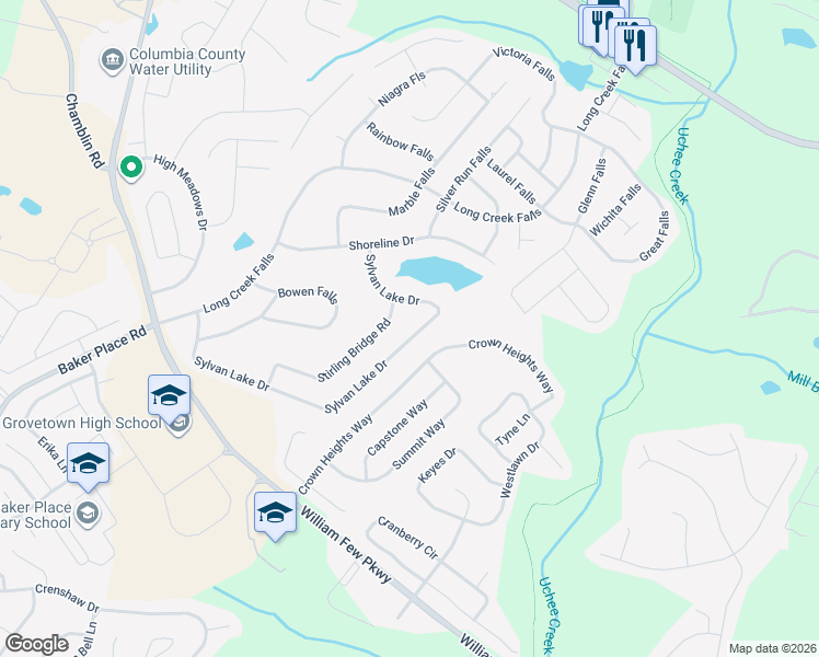 map of restaurants, bars, coffee shops, grocery stores, and more near 2053 Sylvan Lake Drive in Grovetown