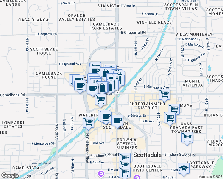 map of restaurants, bars, coffee shops, grocery stores, and more near 7150 East Camelback Road in Scottsdale