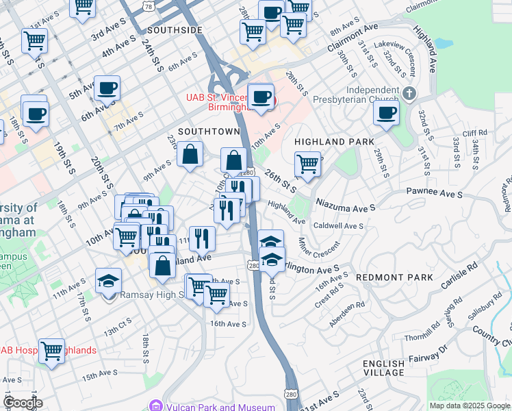 map of restaurants, bars, coffee shops, grocery stores, and more near 2240 Highland Avenue in Birmingham
