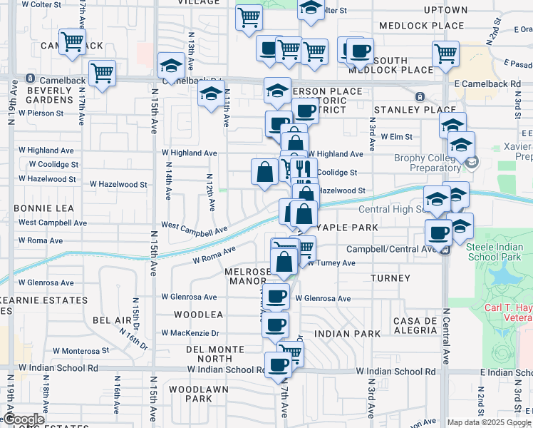 map of restaurants, bars, coffee shops, grocery stores, and more near 845 West Campbell Avenue in Phoenix
