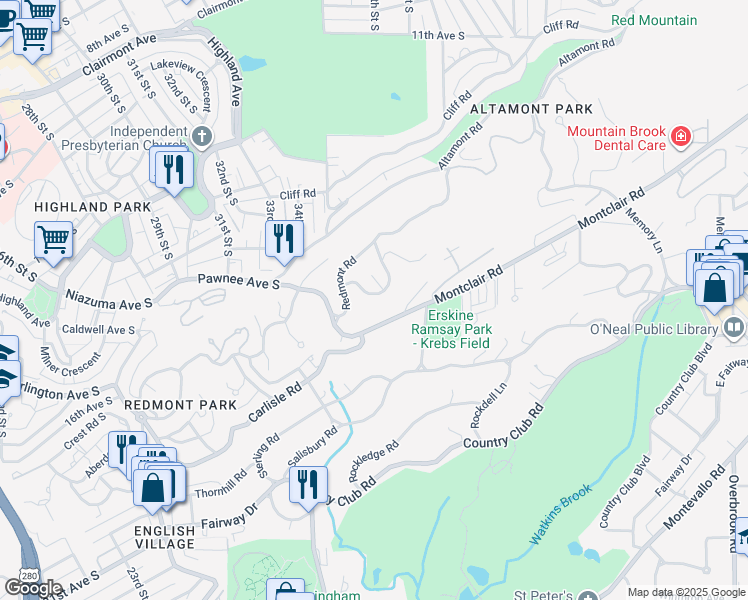 map of restaurants, bars, coffee shops, grocery stores, and more near 3525 Lenox Road in Birmingham