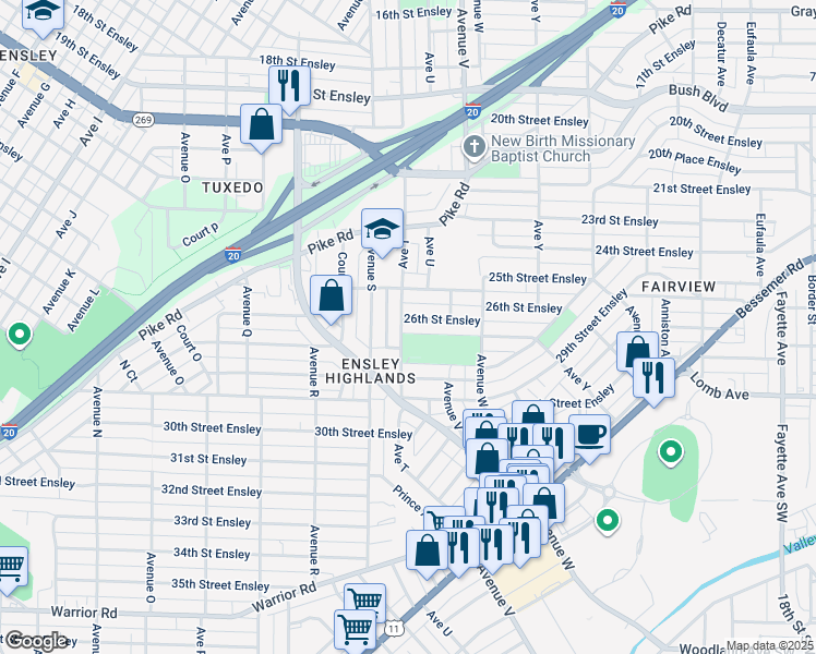 map of restaurants, bars, coffee shops, grocery stores, and more near 2001 26th Street Ensley in Birmingham