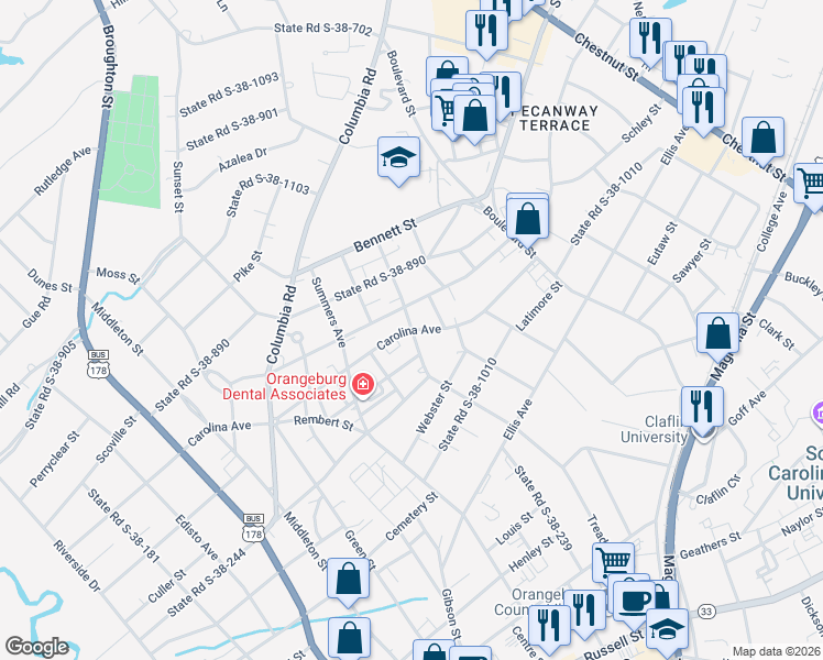 map of restaurants, bars, coffee shops, grocery stores, and more near Wilson Street in Orangeburg