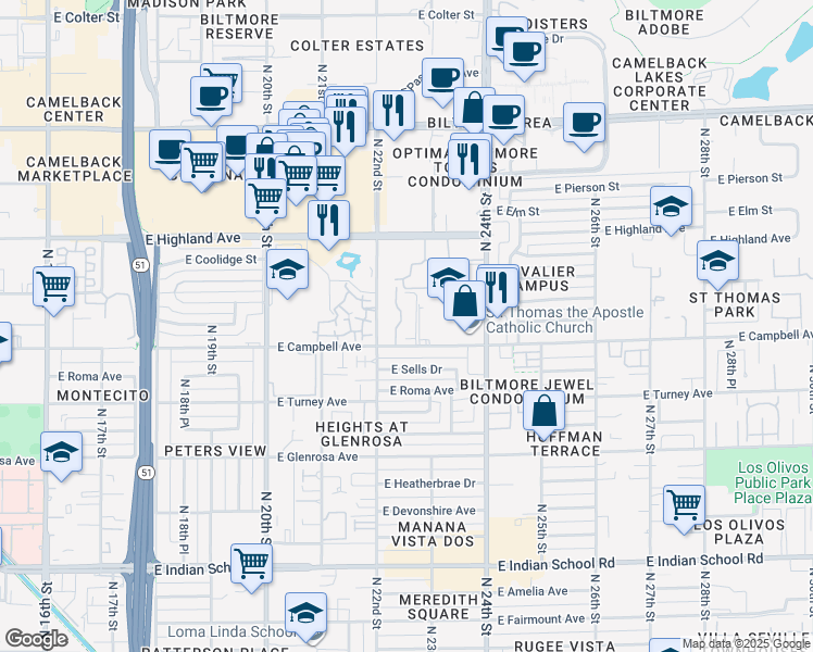 map of restaurants, bars, coffee shops, grocery stores, and more near 2228 East Campbell Avenue in Phoenix
