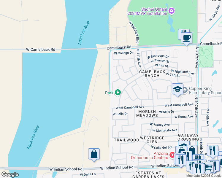 map of restaurants, bars, coffee shops, grocery stores, and more near 11337 West Hazelwood Street in Phoenix