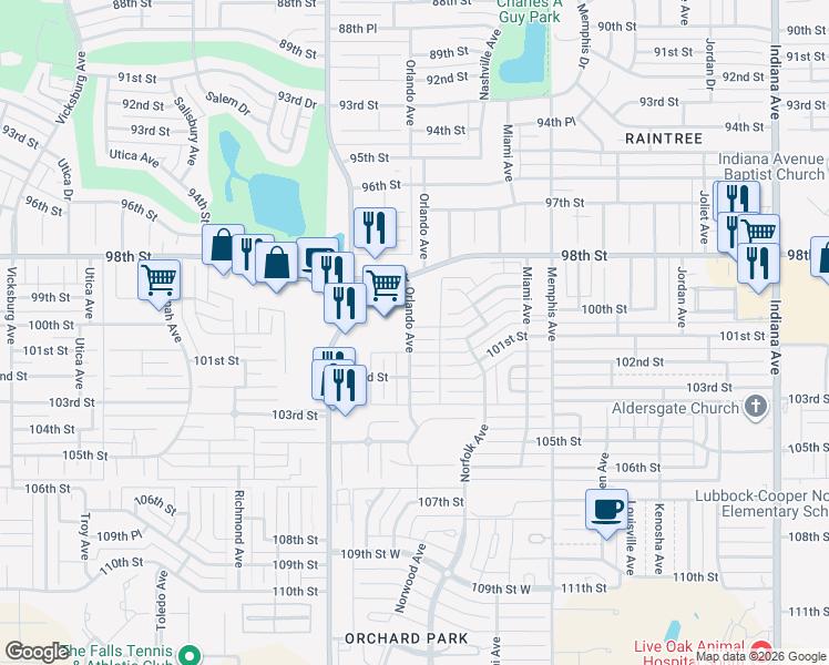 map of restaurants, bars, coffee shops, grocery stores, and more near 4105 101st Street in Lubbock