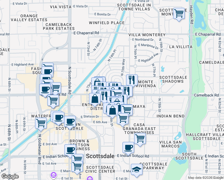 map of restaurants, bars, coffee shops, grocery stores, and more near 7514 East Camelback Road in Scottsdale