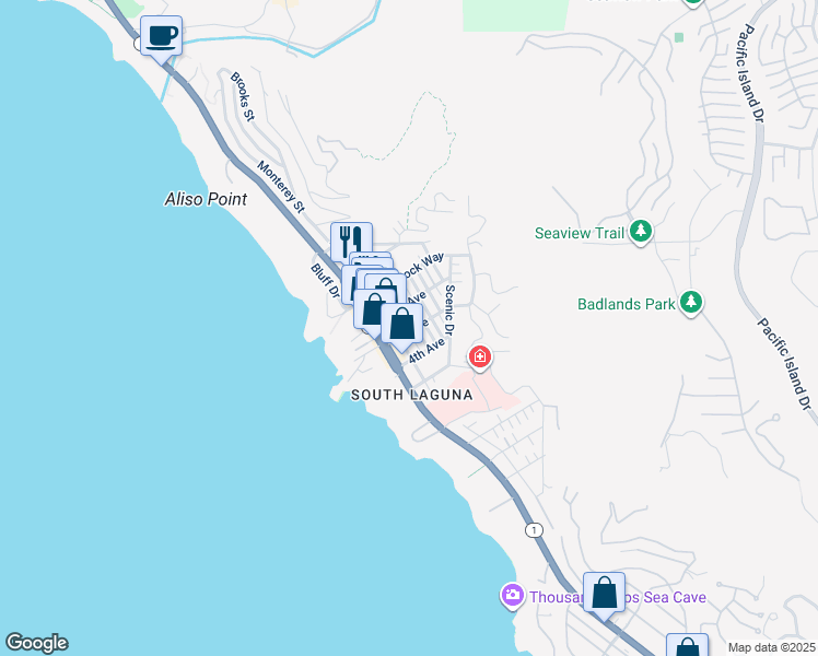 map of restaurants, bars, coffee shops, grocery stores, and more near 31687 3rd Avenue in Laguna Beach