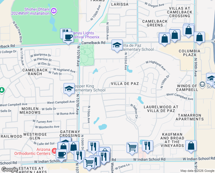 map of restaurants, bars, coffee shops, grocery stores, and more near 10409 West Minnezona Avenue in Phoenix
