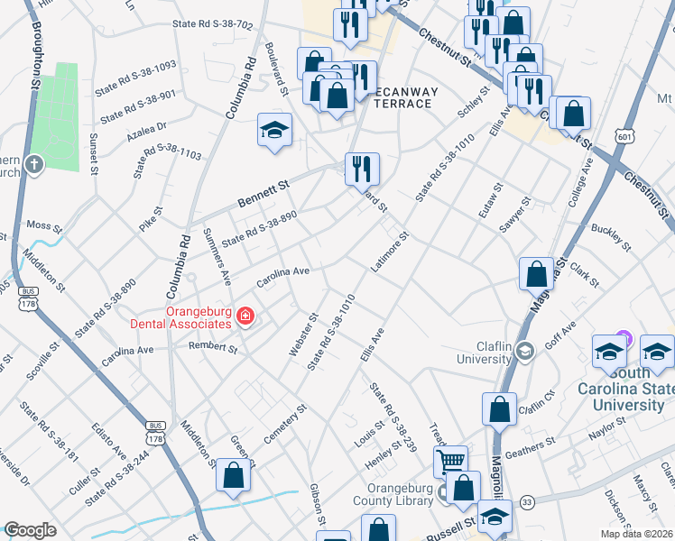 map of restaurants, bars, coffee shops, grocery stores, and more near 740 McKewn Street in Orangeburg