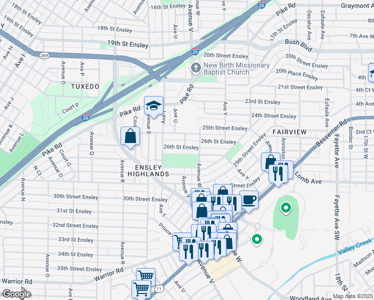map of restaurants, bars, coffee shops, grocery stores, and more near 2201 26th Street Ensley in Birmingham