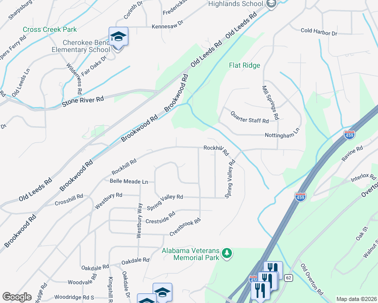 map of restaurants, bars, coffee shops, grocery stores, and more near 3679 Rockhill Road in Birmingham