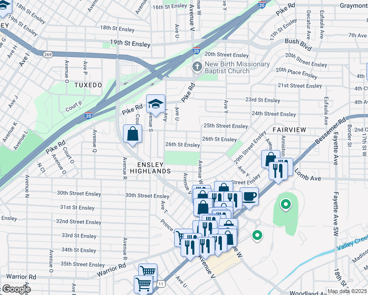 map of restaurants, bars, coffee shops, grocery stores, and more near 2201 26th Street Ensley in Birmingham