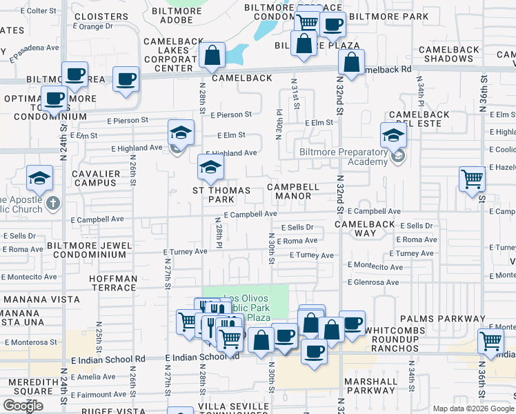 map of restaurants, bars, coffee shops, grocery stores, and more near 2902 East Campbell Avenue in Phoenix