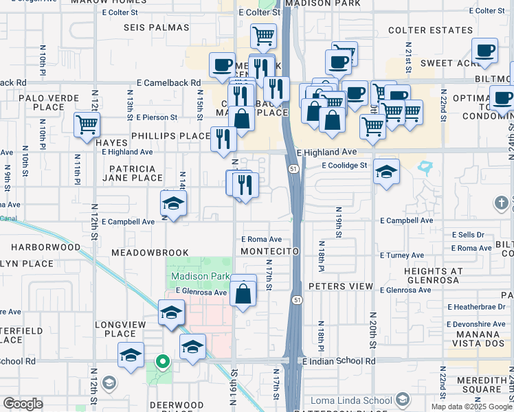 map of restaurants, bars, coffee shops, grocery stores, and more near 1718 East Campbell Avenue in Phoenix