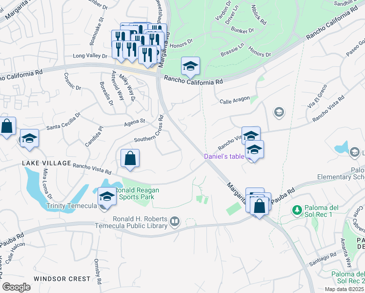 map of restaurants, bars, coffee shops, grocery stores, and more near 42904 Agena Street in Temecula