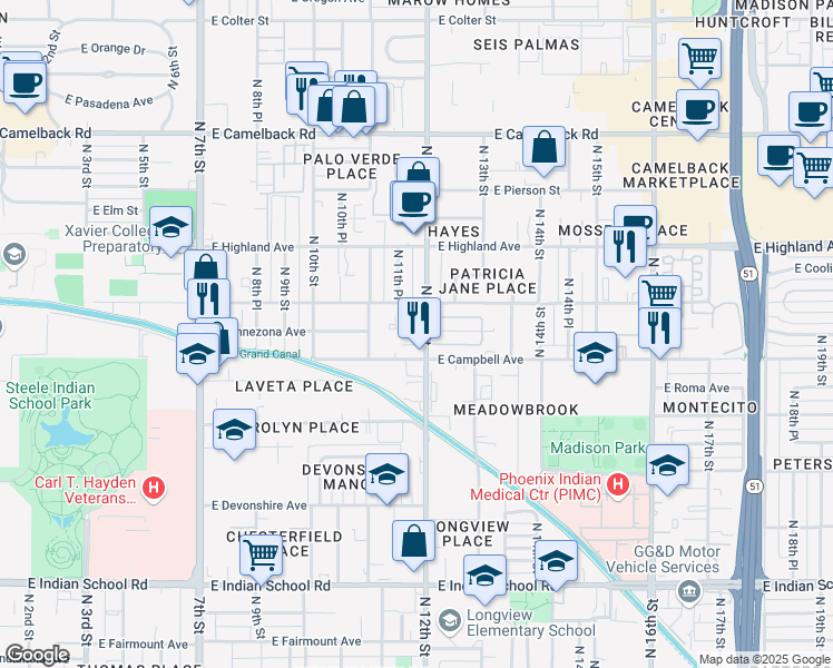 map of restaurants, bars, coffee shops, grocery stores, and more near 4507 North 12th Street in Phoenix