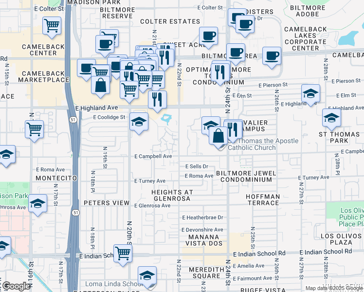 map of restaurants, bars, coffee shops, grocery stores, and more near 4525 North 22nd Street in Phoenix