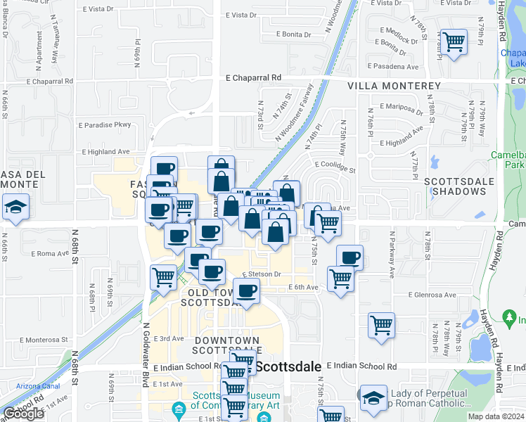 map of restaurants, bars, coffee shops, grocery stores, and more near 7320 East Camelback Road in Scottsdale