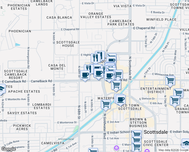 map of restaurants, bars, coffee shops, grocery stores, and more near 6991 East Camelback Road in Scottsdale