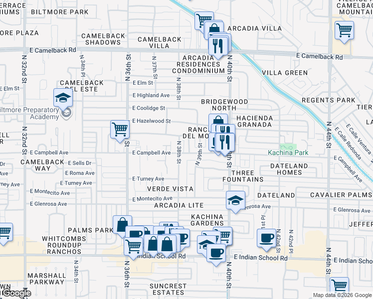 map of restaurants, bars, coffee shops, grocery stores, and more near 3815 East Campbell Avenue in Phoenix