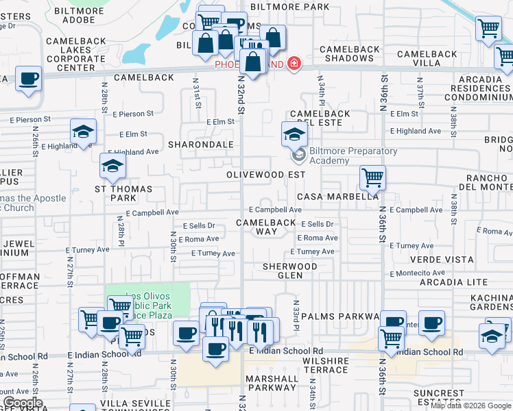map of restaurants, bars, coffee shops, grocery stores, and more near 4445 North 32nd Street in Phoenix